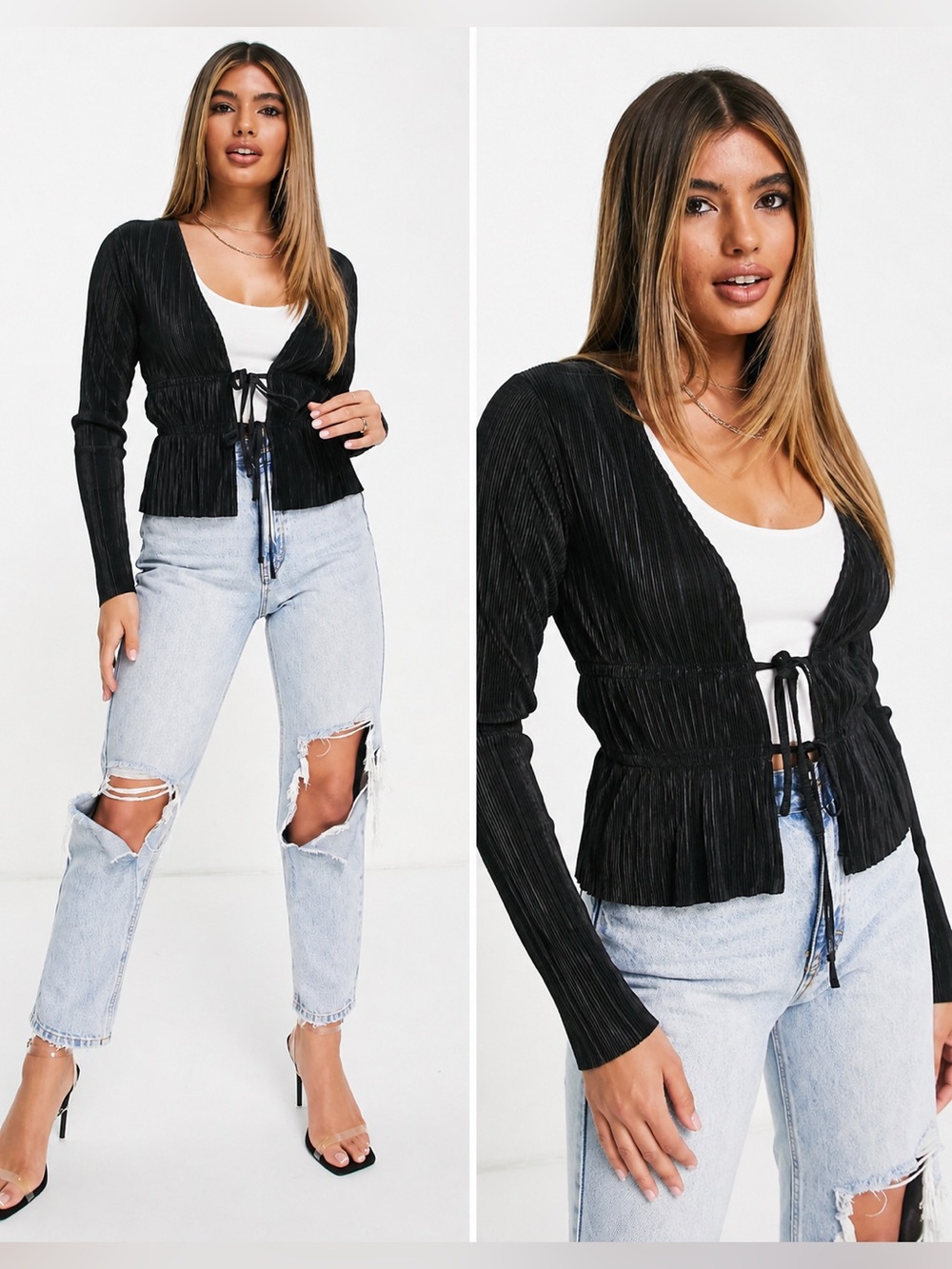 ASOS DESIGN Black Pleated Front Tie Blouse US 8 Sheer Shimmer Whimsigoth Holiday